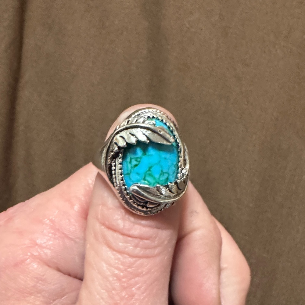 Silver Leaf Turquoise Stone Ring - Blue